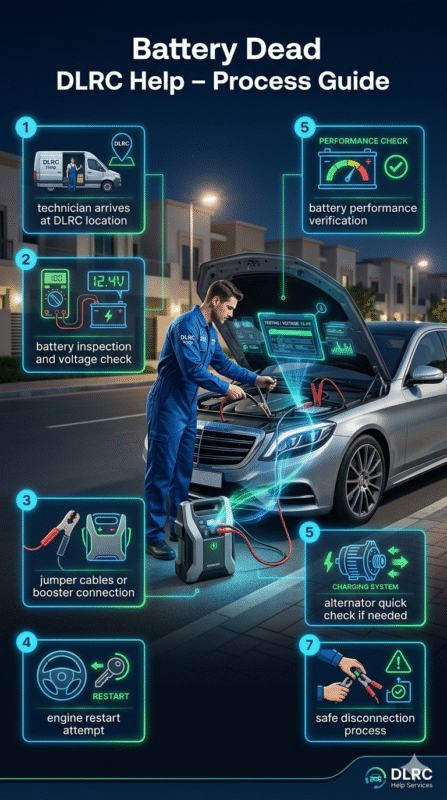 Mobile mechanic performing battery inspection and jump start process in Dubai Land Residence Complex (DLRC) with step-by-step infographic guide showing roadside assistance procedure.