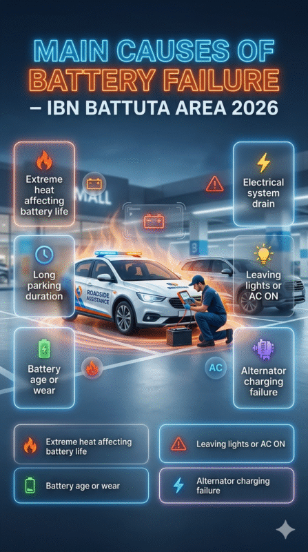 Infographic showing main causes of car battery failure near Ibn Battuta area including heat, long parking, battery aging, electrical drain, lights left on, and alternator failure.