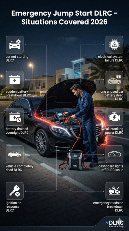 Mobile mechanic performing emergency battery diagnosis and jump start in Dubai Land Residence Complex (DLRC) showing covered breakdown situations in infographic style.