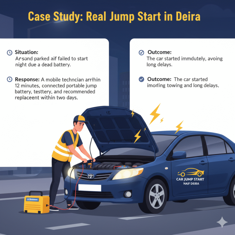 "User guide image showing a case study of Car Jump Start Naif Deira with a technician jump starting a Toyota Corolla at night and key case study points listed on the sides."