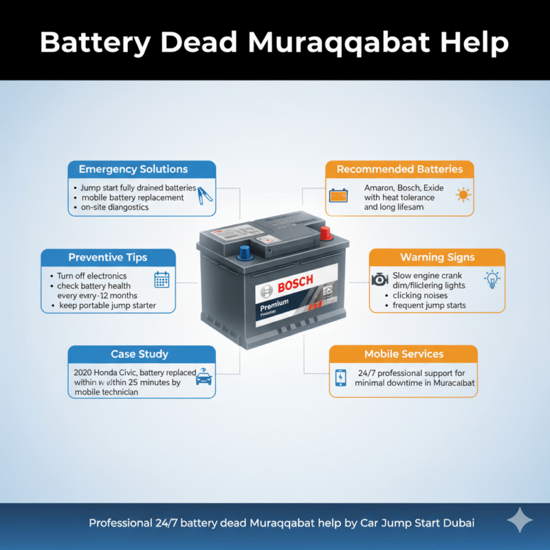 "Battery Dead Muraqqabat Help infographic showing title on top, key solutions, preventive tips, case study, warning signs, and mobile services on sides, with premium battery in the center and animated infographic style."