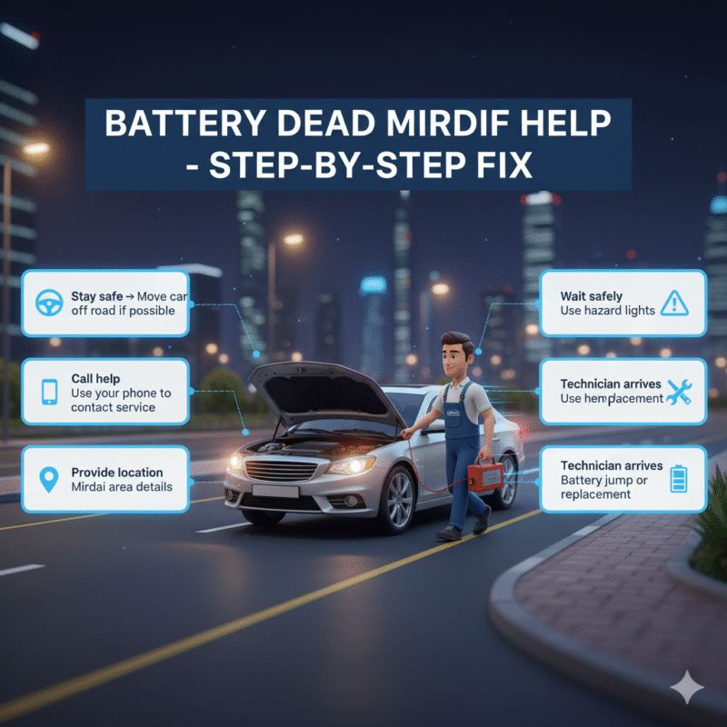 “Animated-style user guide image showing ‘Battery Dead Mirdif Help – Step‑by-Step Fix’ with title at top, step-by-step points on sides, and central 3D illustration of stranded car and technician arriving with animated effects.”