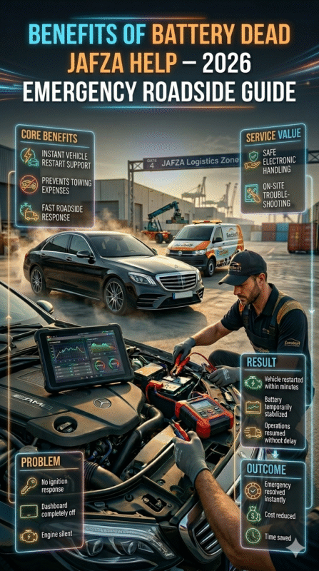Cinematic infographic showing benefits of battery dead JAFZA help service with mobile mechanic, jump start support, diagnostic check, and roadside assistance in industrial Dubai environment.