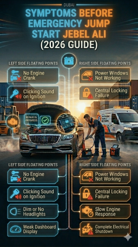 Infographic showing symptoms before emergency jump start in Jebel Ali with luxury car, technician inspection, and structured warning signs displayed on both sides.