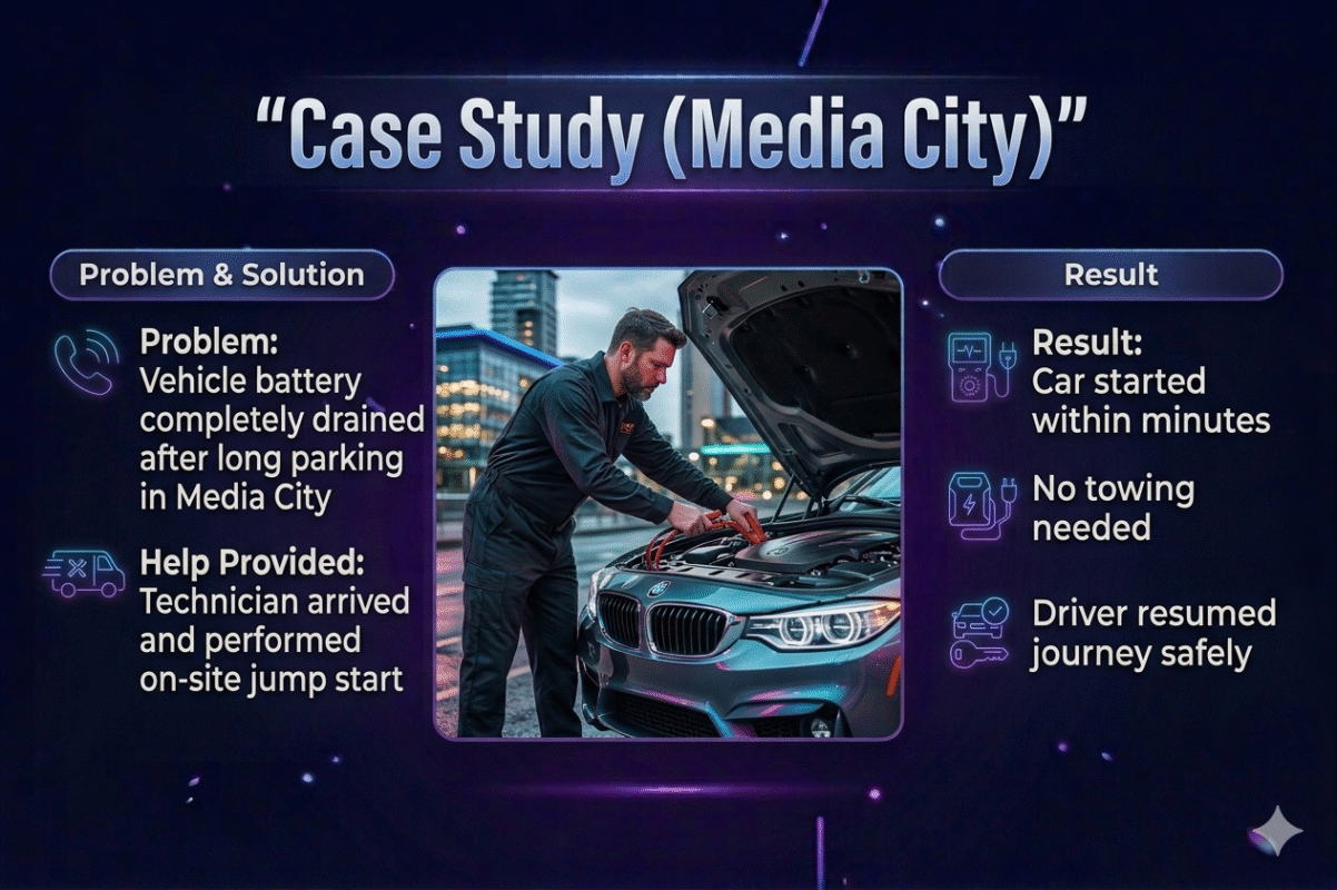 Infographic showing a Media City case study with problem, help provided, and result of a car jump start displayed around a central car image with a technician.