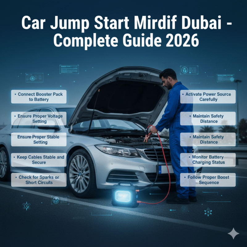 Roadside technician transferring external power from a booster pack to a car battery in Mirdif Dubai with infographic-style side points showing key steps.
