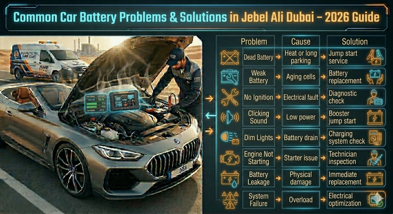 Infographic table showing common car battery problems and solutions in Jebel Ali Dubai including dead battery, weak battery, and ignition issues.