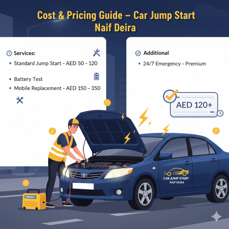 "User guide image showing Car Jump Start Naif Deira cost and pricing guide with a technician assisting a car in the center and service prices listed on the sides."
