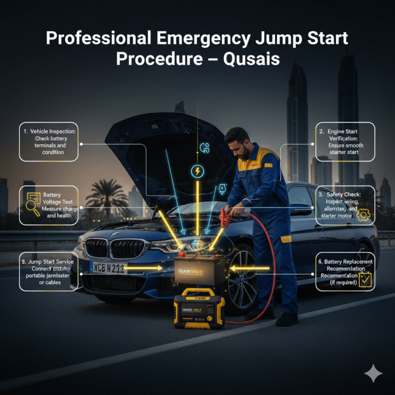 Infographic showing a professional emergency jump start procedure in Qusais, with a certified technician performing a jump start and step-by-step procedure points on the sides.