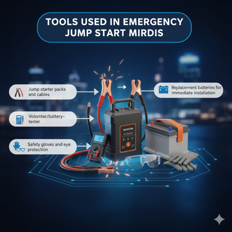 “Animated-style user guide image showing ‘Tools Used in Emergency Jump Start Mirdif’ with title at top, tool list as infographic bullets on sides, and central 3D illustration of jump starter packs, battery tester, gloves, and replacement batteries with animated highlights.”