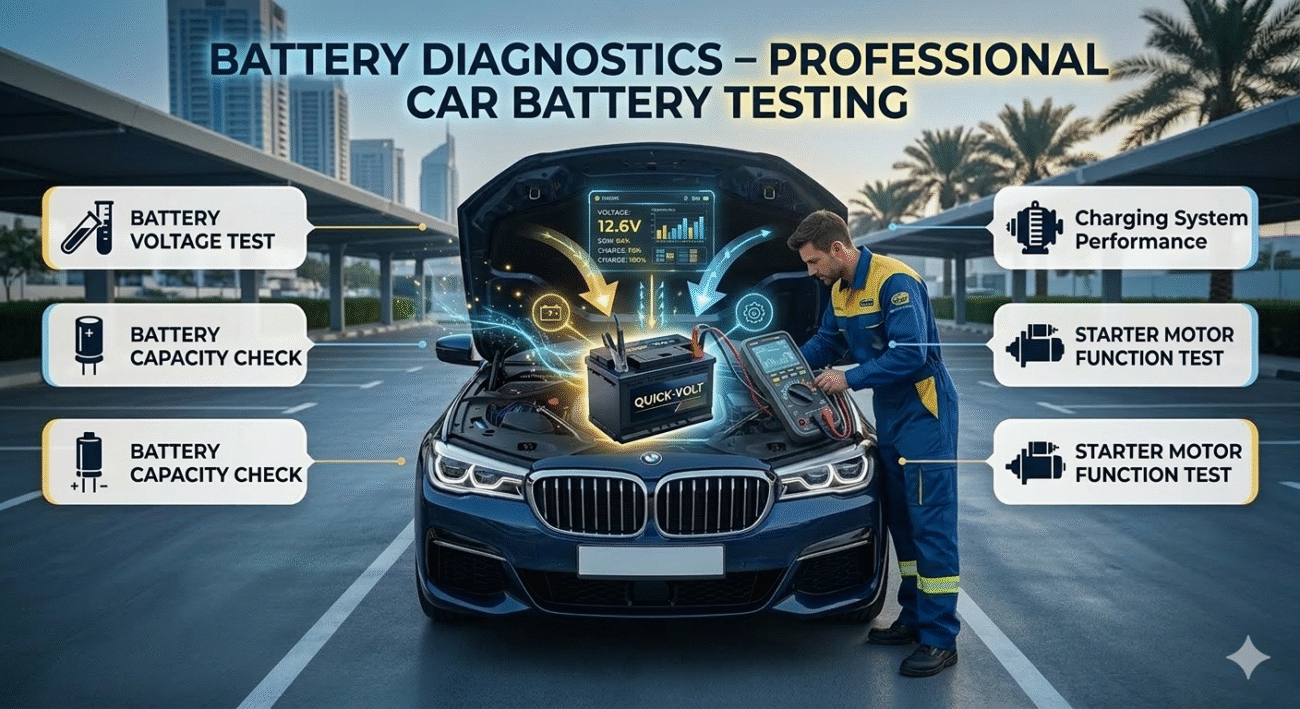 Infographic showing technician performing car battery diagnostics with a digital battery tester and vehicle hood open.