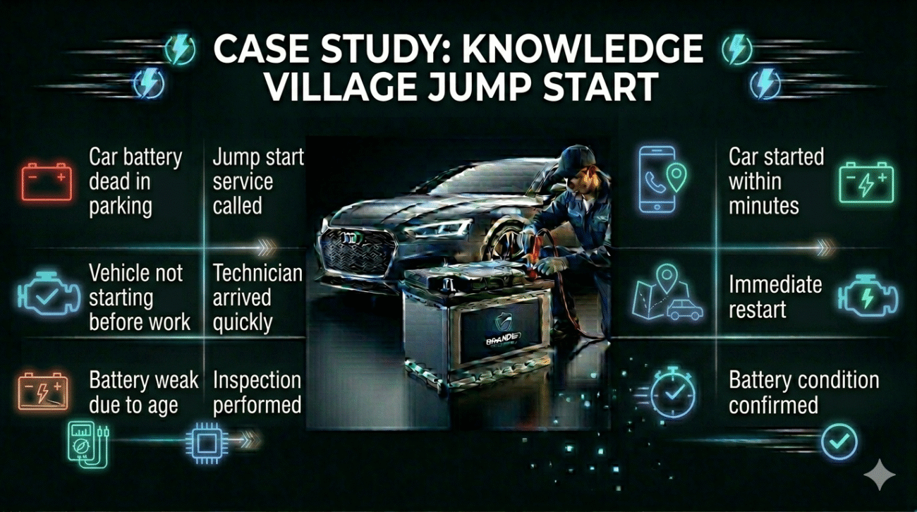 Case study of Knowledge Village jump start showing situation, action, and result including dead battery, technician response, and quick car restart in an infographic layout.