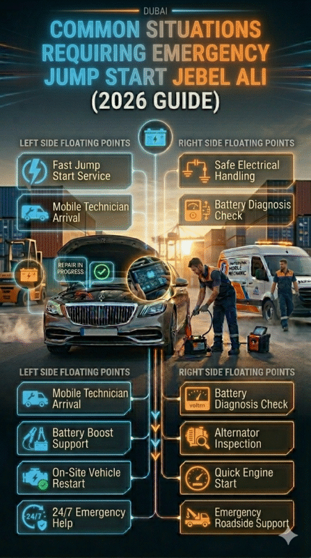 Infographic showing common situations requiring emergency jump start in Jebel Ali with luxury car, technician battery assistance, and structured breakdown causes displayed on both sides.