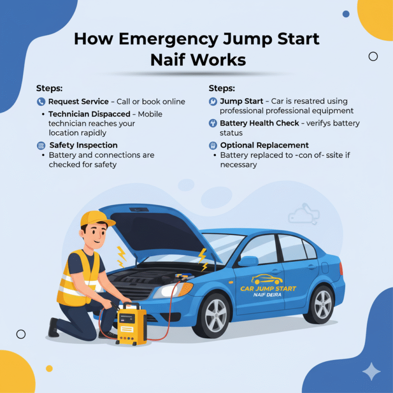"User guide image showing how Emergency Jump Start Naif works with a technician jump starting a car in the center and key steps listed on the sides."