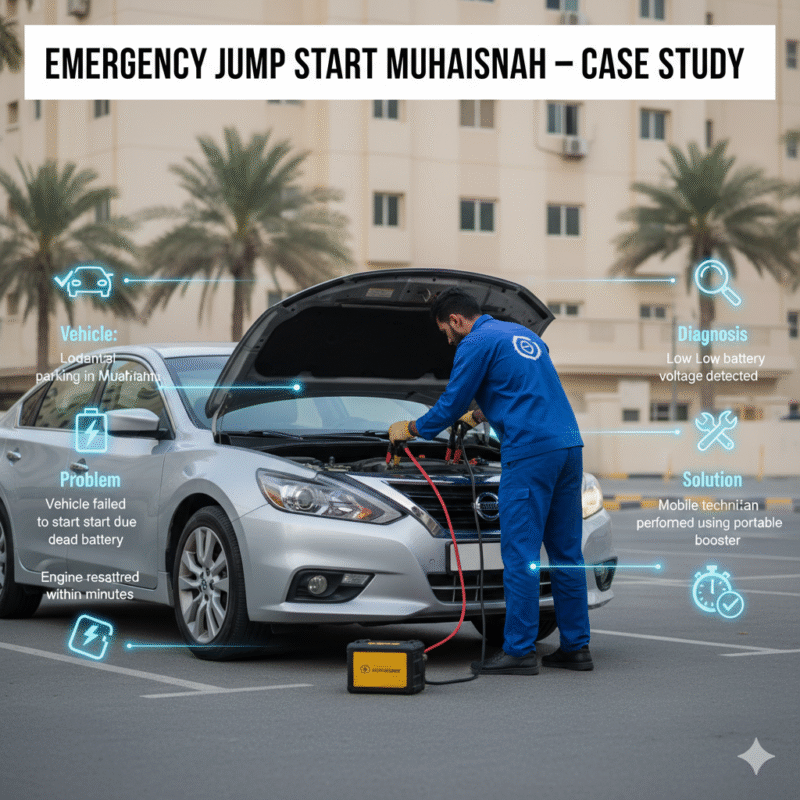 Professional technician performing emergency jump start on a Nissan Altima in Muhaisnah residential parking, with infographic side panels showing case study details of vehicle problem, diagnosis, solution, and result.