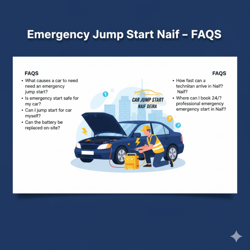 "User guide image showing FAQs for Emergency Jump Start Naif with a technician assisting a car in the center and key FAQs listed on the sides."