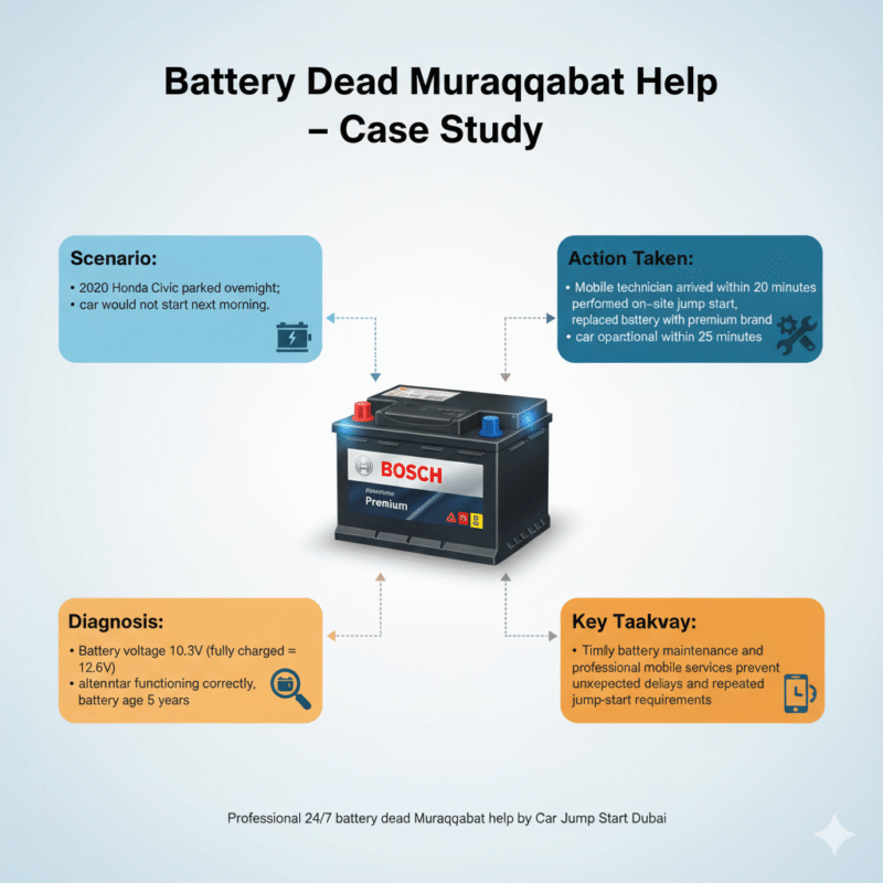 "Battery Dead Muraqqabat Help case study infographic showing title on top, scenario, diagnosis, action taken, and key takeaway on sides, with premium battery in the center and animated infographic style."