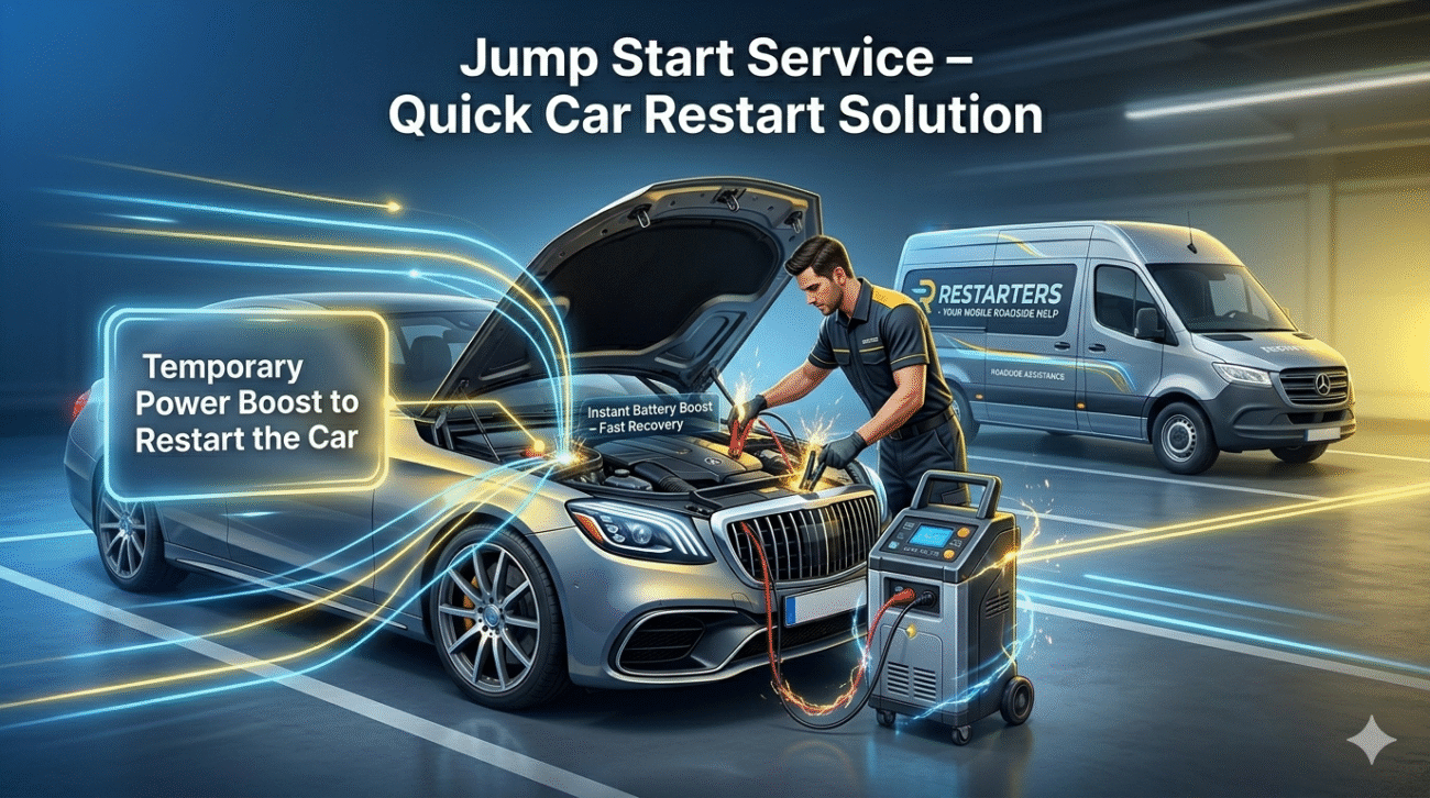 Car jump start service providing temporary power boost to restart a dead battery vehicle