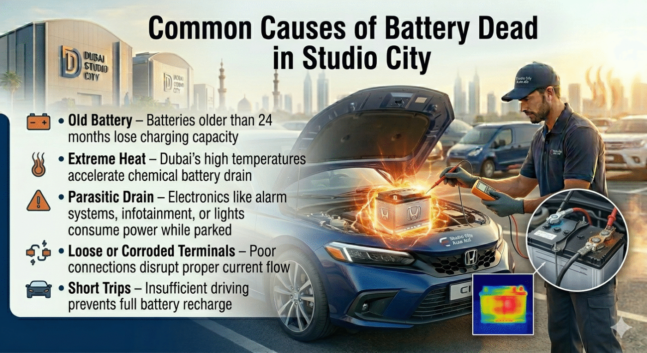 "Common causes of battery dead in Studio City showing a glowing car battery being inspected by a technician, with side bullet points listing old battery, heat, parasitic drain, corroded terminals, and short trips."