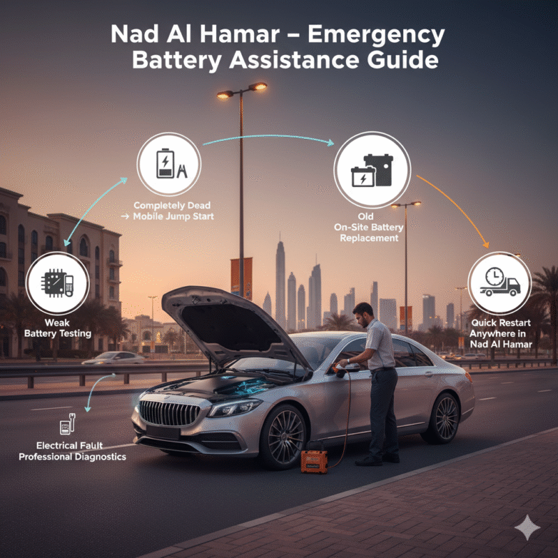 Roadside battery assistance in Nad Al Hamar showing mobile jump start and emergency car battery support