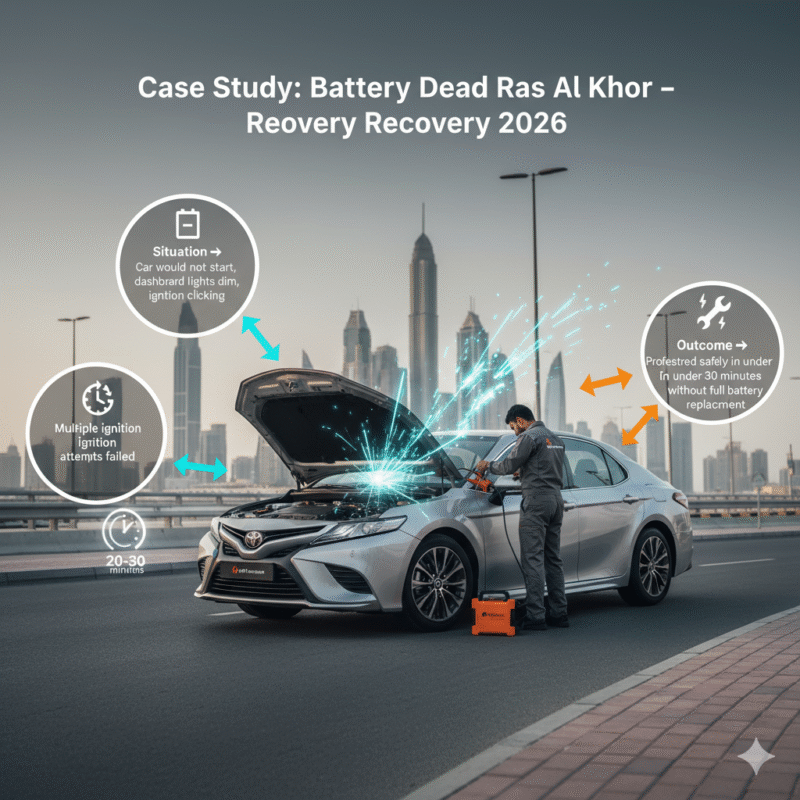 Toyota Camry in Ras Al Khor receiving professional mobile battery jump start service, with animated icons showing fast roadside assistance and battery recovery.