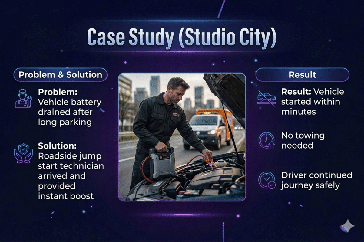 Infographic showing a roadside jump start case study in Studio City with problem, solution, and result sections displayed around a central car image with a technician assisting.