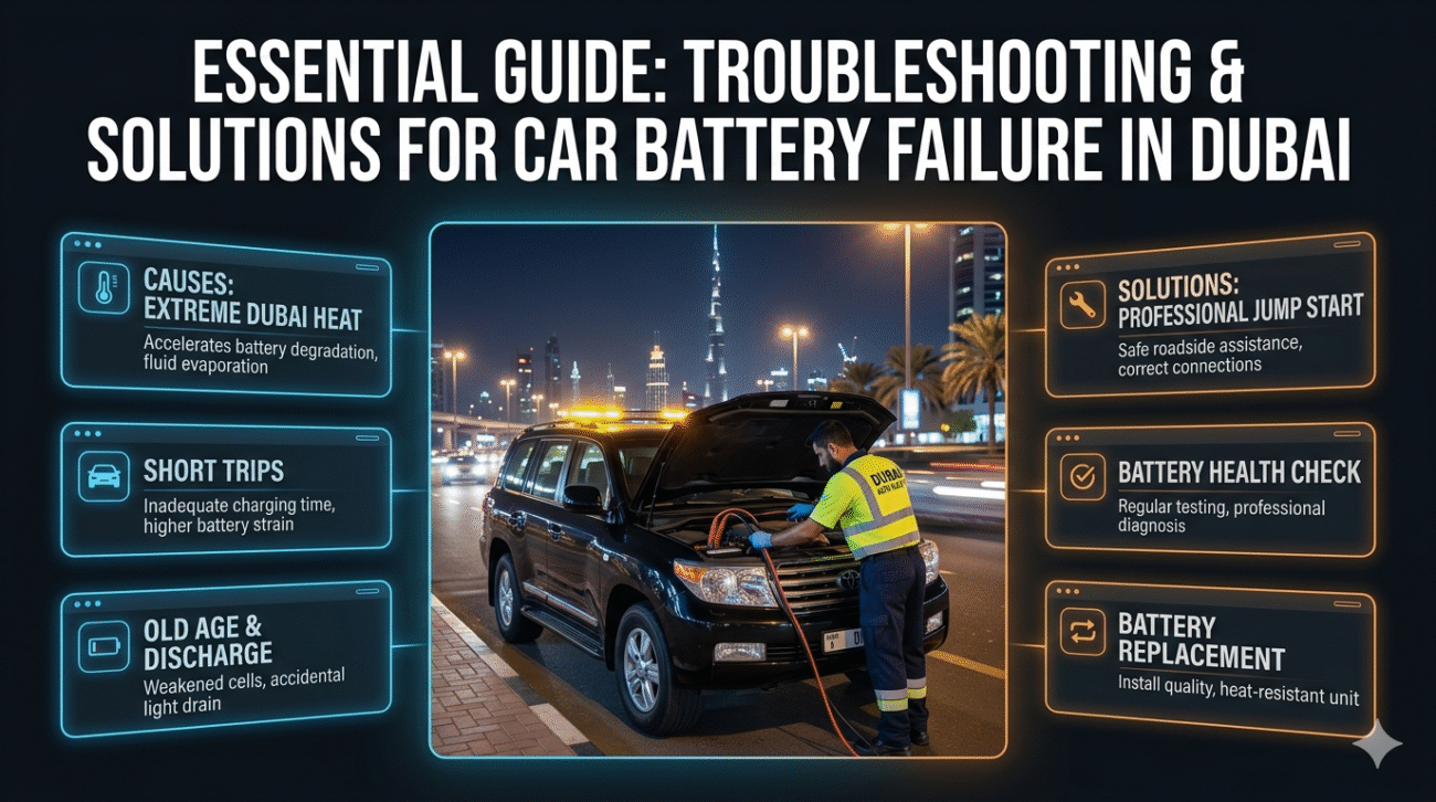 Professional user guide image showing a car battery emergency with a central vehicle scene, title at the top, and key tips displayed as bullet points on both sides in a modern infographic layout.