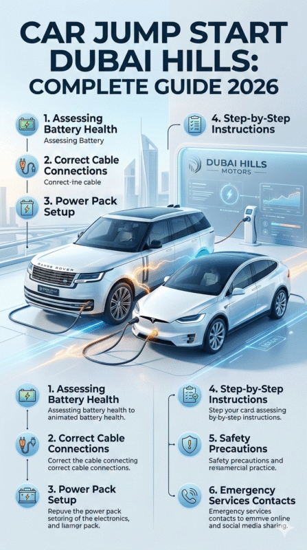 "User guide cover for Car Jump Start Dubai Hills 2026 showing animated luxury SUV receiving jump start with title at top and key points on sides in infographic style."