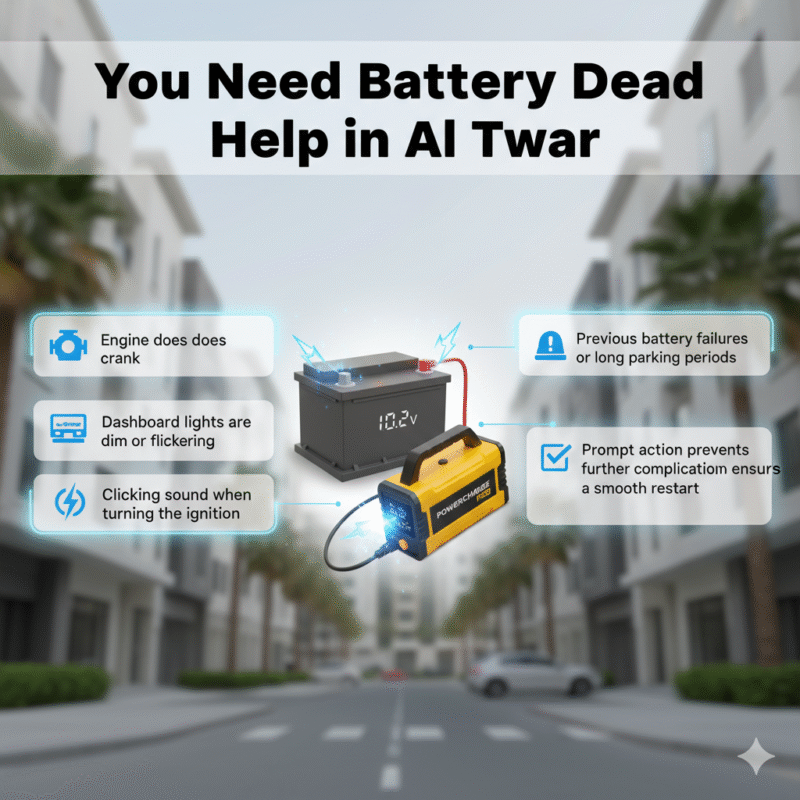 Animated infographic showing a car battery and branded jump starter in the center, with key points about battery dead help in Al Twar displayed on left and right sides, title on top.