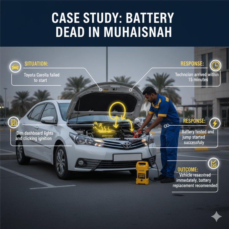 Infographic showing a case study of a battery dead situation in Muhaisnah, with a Toyota Corolla, a technician performing a jump start, glowing battery, and side points summarizing situation, response, and outcome.