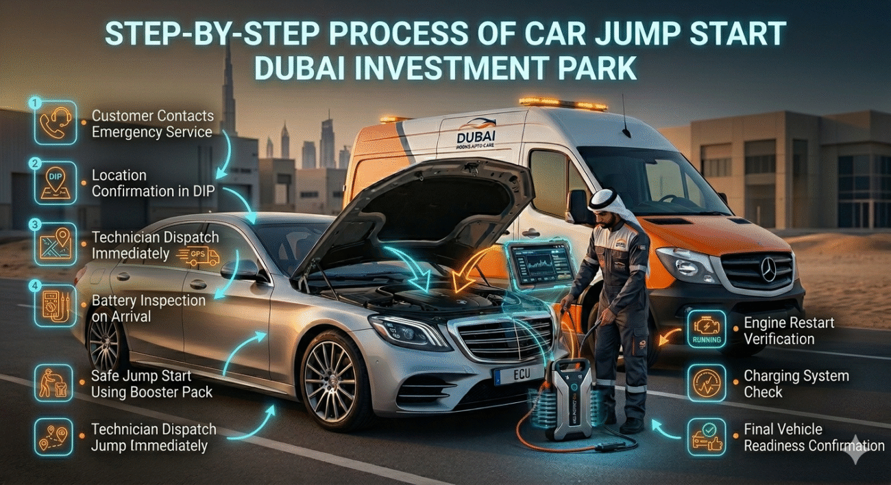 Infographic showing step-by-step car jump start process in Dubai Investment Park with technician performing battery boost and workflow stages.