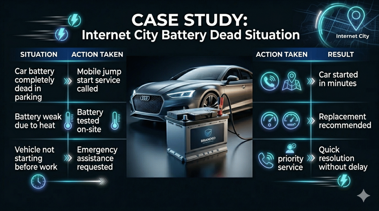 Case study showing Internet City car battery dead situation with situation, action taken, and result including jump start service and battery replacement in a structured infographic design.
