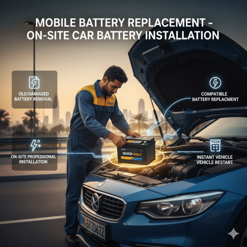 Infographic showing a technician performing mobile car battery replacement with a new battery installation.