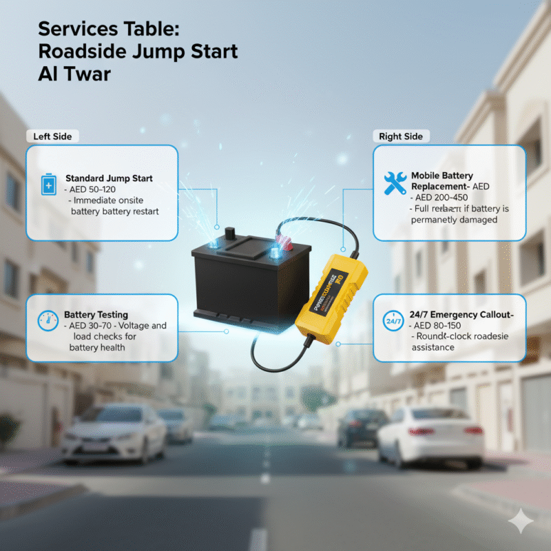 Animated infographic showing roadside jump start services in Al Twar, Dubai, with a branded car battery and jump starter in the center, key service points displayed on left and right sides, title on top.
