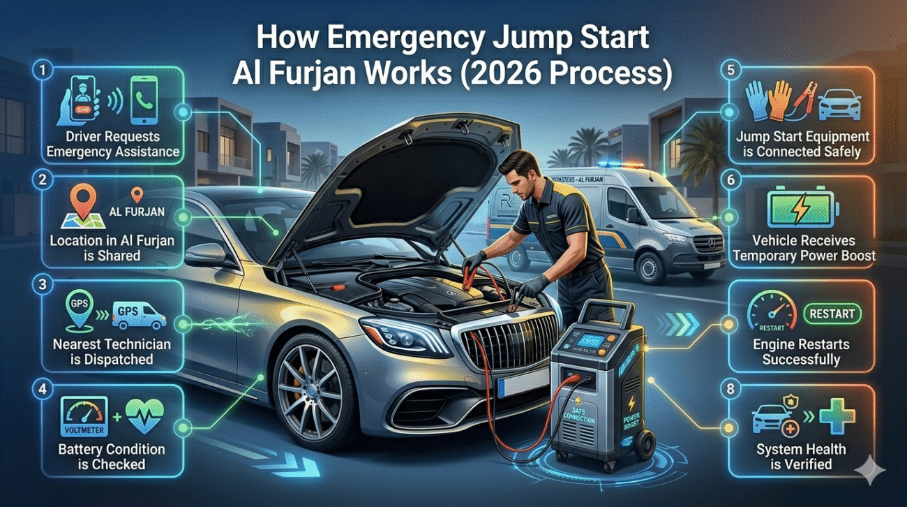 Step-by-step emergency jump start process in Al Furjan showing technician connecting battery and vehicle restart workflow