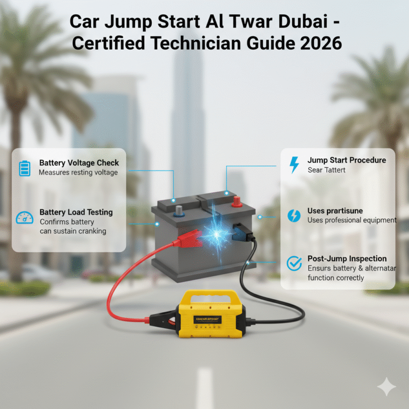 Animated infographic of a car battery and jump starter with certified technician steps, including voltage check, load testing, jump start procedure, and post-jump inspection. Title on top and main points displayed on sides.