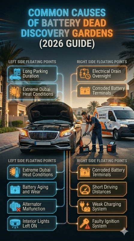Infographic showing common causes of battery dead issue in Discovery Gardens with a luxury car, mobile mechanic inspection, and structured cause list displayed on both sides of the image.