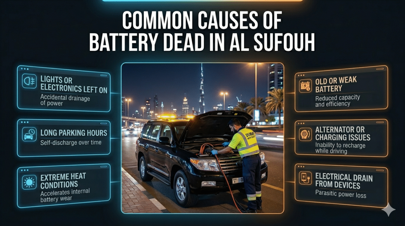 Infographic showing common causes of a dead car battery in Al Sufouh, with a central car battery image and key causes displayed on both sides in a modern user guide layout.