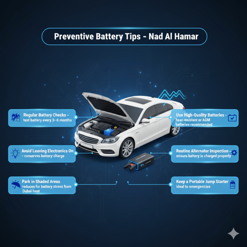 "User guide feature image showing 'Preventive Battery Tips – Nad Al Hamar' title at top, key preventive tips displayed as bullet points on the sides, and an animated car illustration in the center."