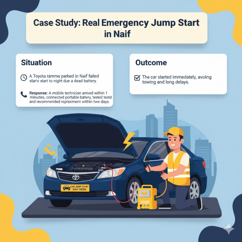 "User guide image showing a real case study of Emergency Jump Start Naif with a technician jump starting a Toyota Camry and key points listed on the sides."