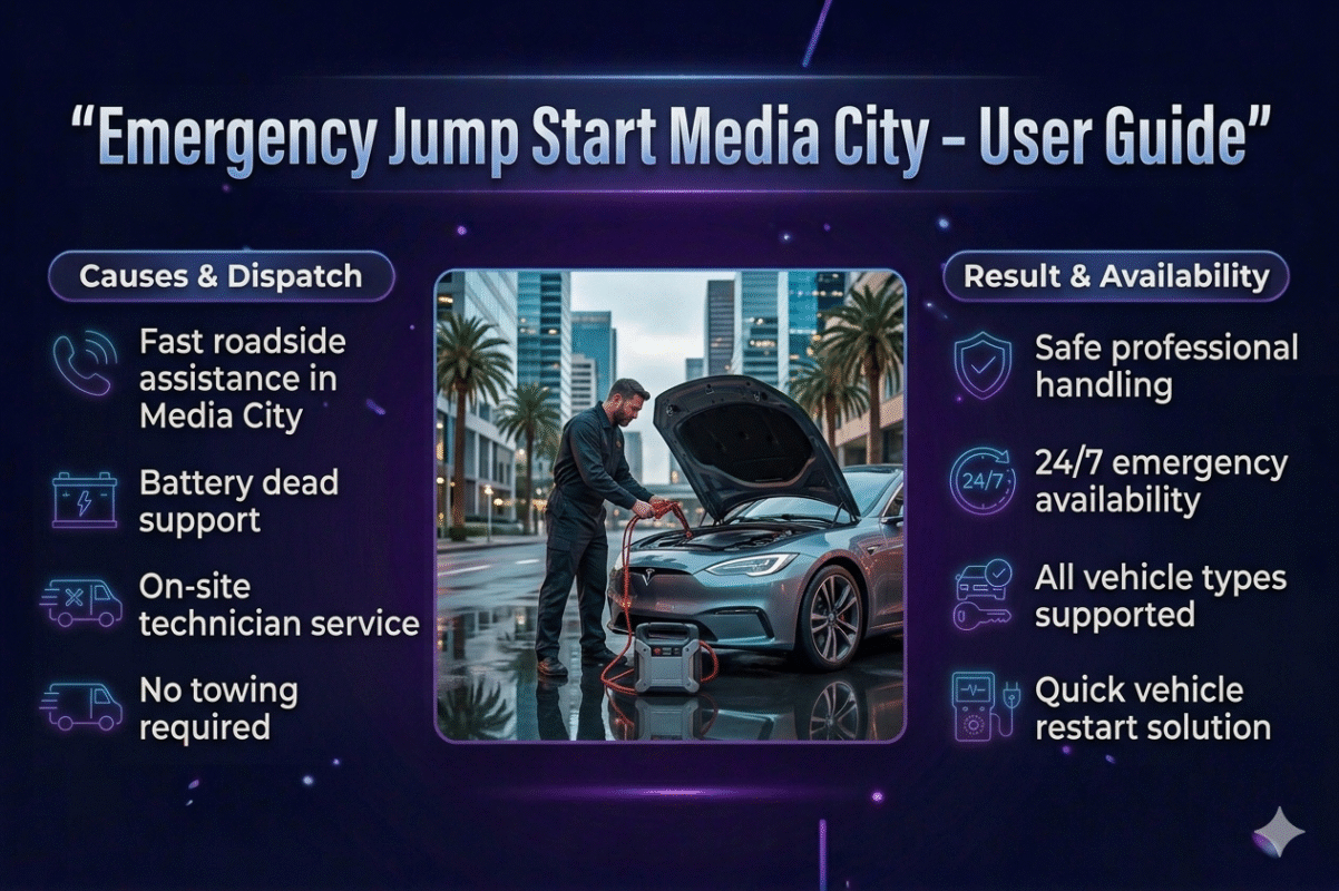 Infographic showing emergency jump start service in Media City with key features and benefits displayed around a central car and technician image.
