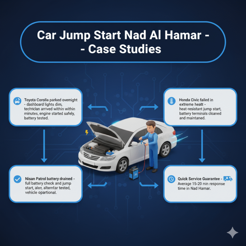 "User guide feature image showing 'Car Jump Start Nad Al Hamar – Case Studies' title on top, key case study points on the sides, and an animated car illustration in the center."