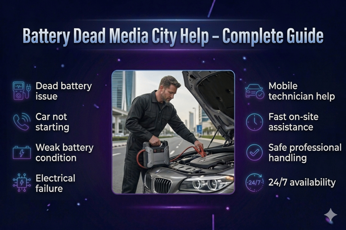 Infographic showing battery dead Media City help with central car image and key points about dead battery, mobile assistance, and 24/7 emergency support.