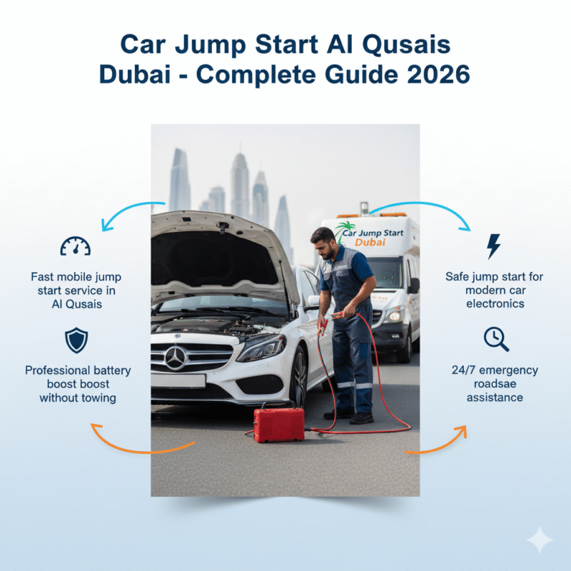 Car jump start service in Al Qusais Dubai showing roadside technician boosting a car battery with jumper cables and mobile roadside assistance vehicle.