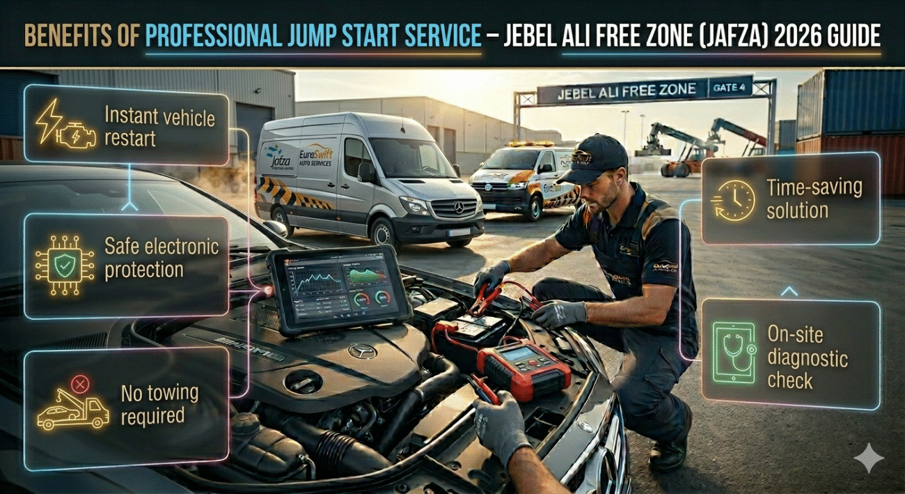 Cinematic infographic showing benefits of professional jump start service in Jebel Ali Free Zone with mobile mechanic, battery booster, diagnostic check, and roadside assistance advantages.