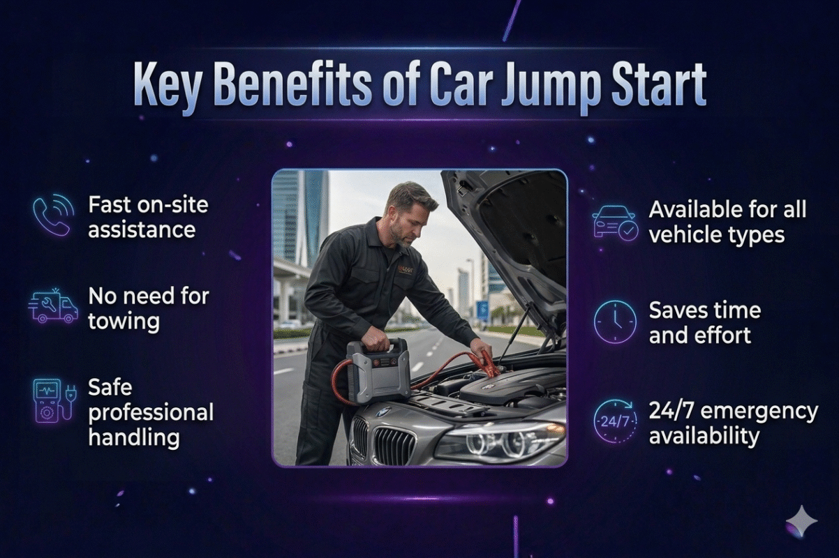 Infographic showing key benefits of car jump start including fast service, no towing, safe handling, and 24/7 availability with a central car image and bullet points on both sides.