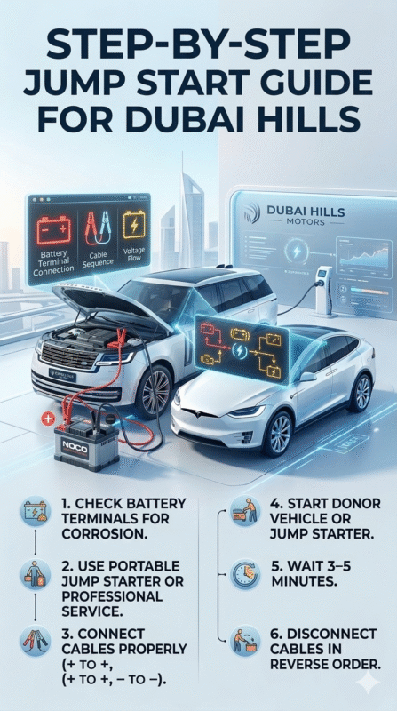 "User guide image showing a luxury SUV in Dubai Hills receiving a jump start with title at top and step-by-step animated infographic bullet points on the sides."