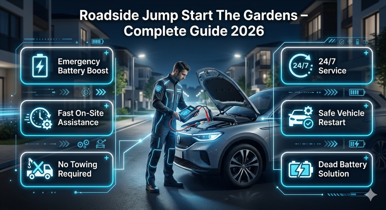 Roadside jump start The Gardens complete guide 2026 showing technician boosting car battery with emergency roadside assistance infographic and key service points.
