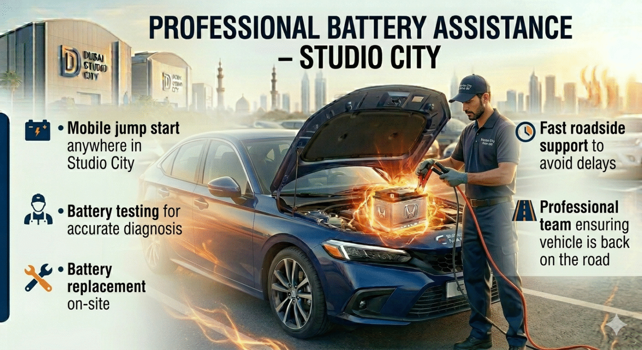 "Professional battery assistance in Studio City showing a technician performing a mobile jump start, with side bullet points highlighting mobile service, testing, replacement, fast roadside support, and professional team."