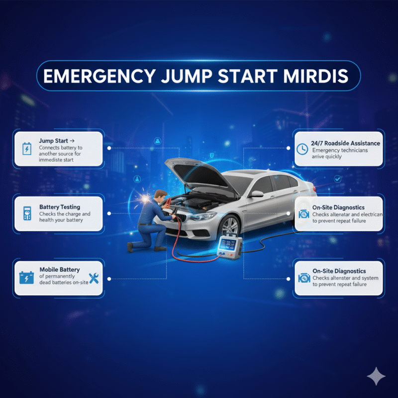 “Animated-style user guide image showing ‘Emergency Jump Start Mirdif’ with title at top, service points as infographic bullets on the sides, and central 3D car battery illustration with animated spark effects.”